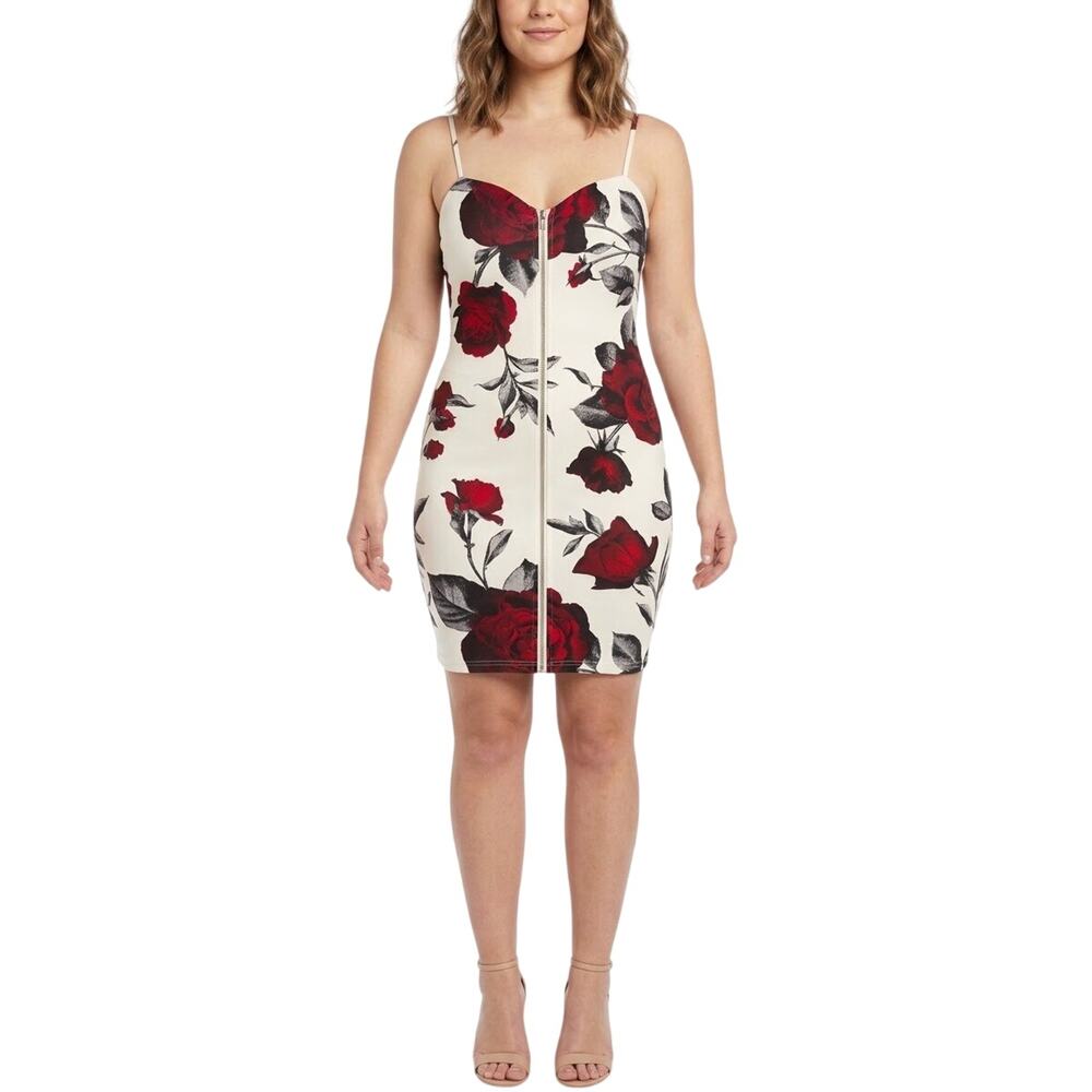 Haute Monde Womens Bodycon Mini Dress Floral Rose Zip Front White Red Size L